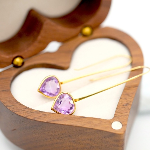 14K Yellow Gold Amethyst Drop earrings 1.5” dangle minimalist Luxe jewelry - Picture 12 of 14